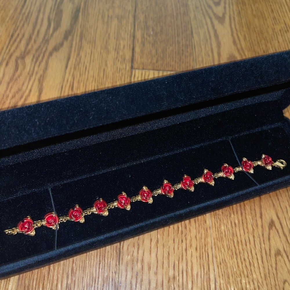 Beauty and The Beast Themed Gold Bracelet with Red Roses